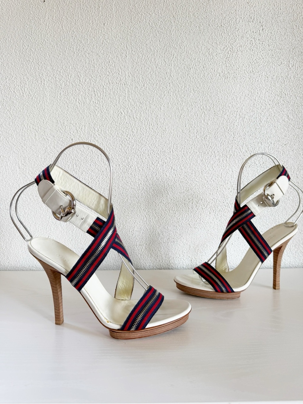 Gucci White Leather Web Stripe Ankle Strap Wrap Sandals Heels Size EU 38